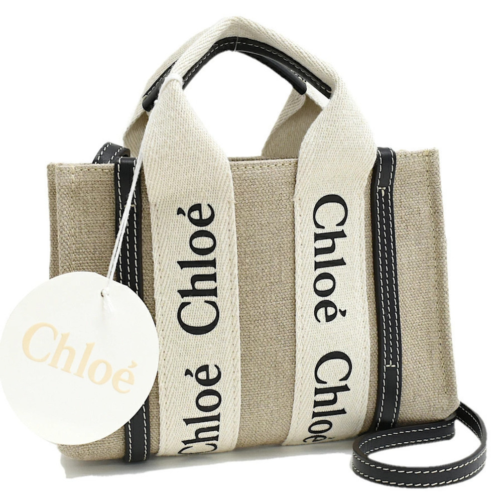 Chloe Woody Tote Bag Canvas Leather Beige Cream Dark Brown